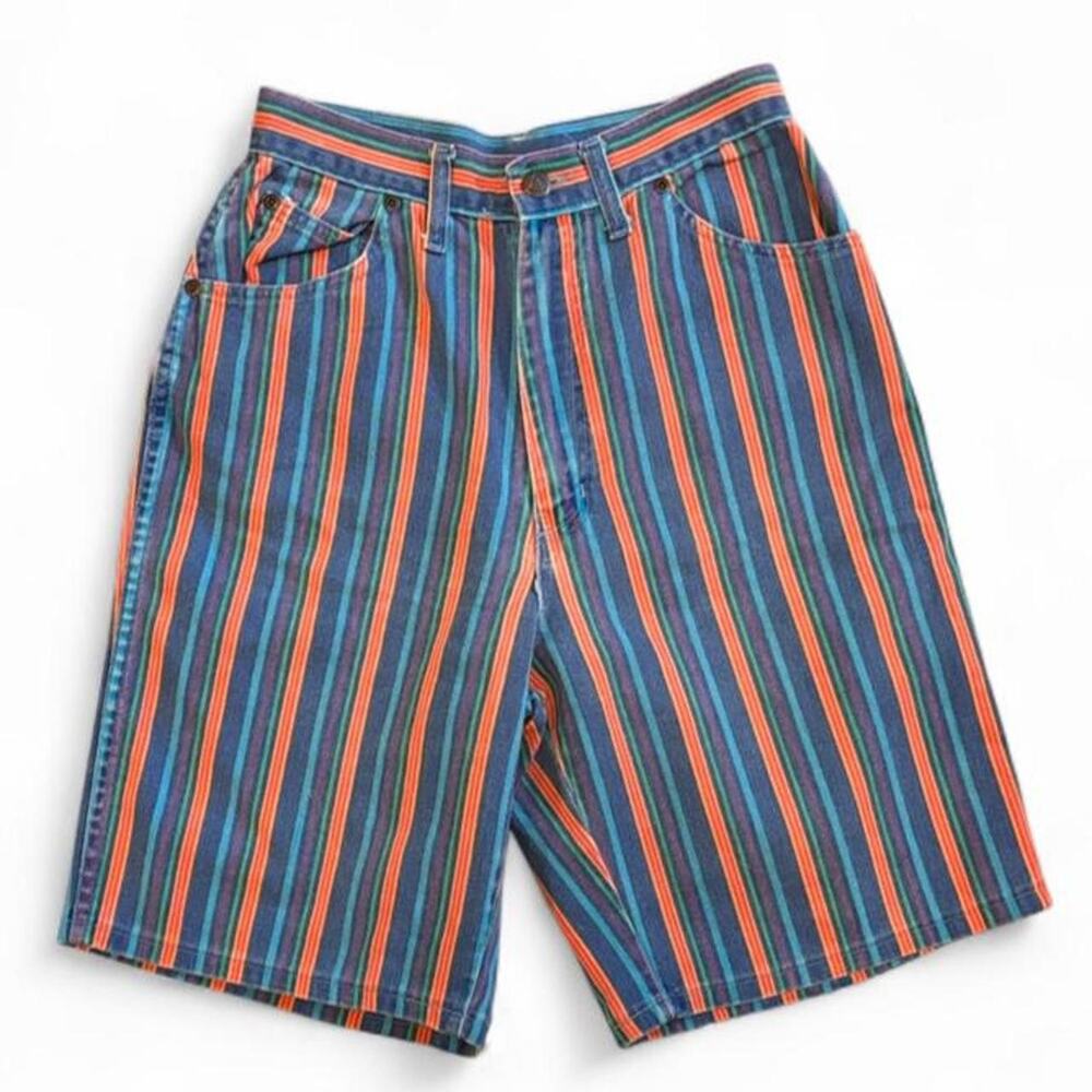 Vintage 90s Rainbow Stripe Denim Shorts Made in USA Size 7/8